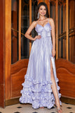 Impresionante A Line Spaghetti Straps Lavender Corsé Prom Vestido Con Abertura