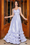 Impresionante A Line Spaghetti Straps Lavender Corsé Prom Vestido Con Abertura
