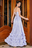 Impresionante A Line Spaghetti Straps Lavender Corsé Prom Vestido Con Abertura