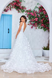 Precioso vestido de novia largo de marfil con cuello en V con flores 3D