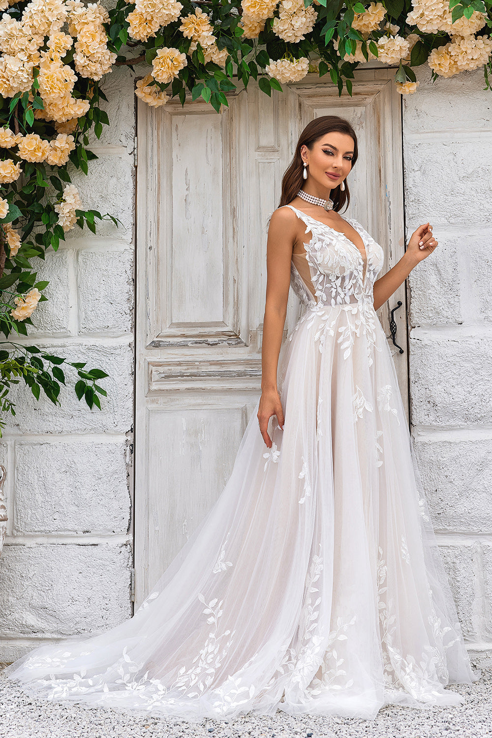 Vestido de Novia A Línea Cuello en V Champán Tul Encaje