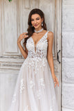 Vestido de Novia A Línea Cuello en V Champán Tul Encaje