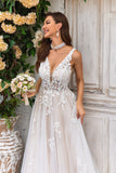 Vestido de Novia A Línea Cuello en V Champán Tul Encaje