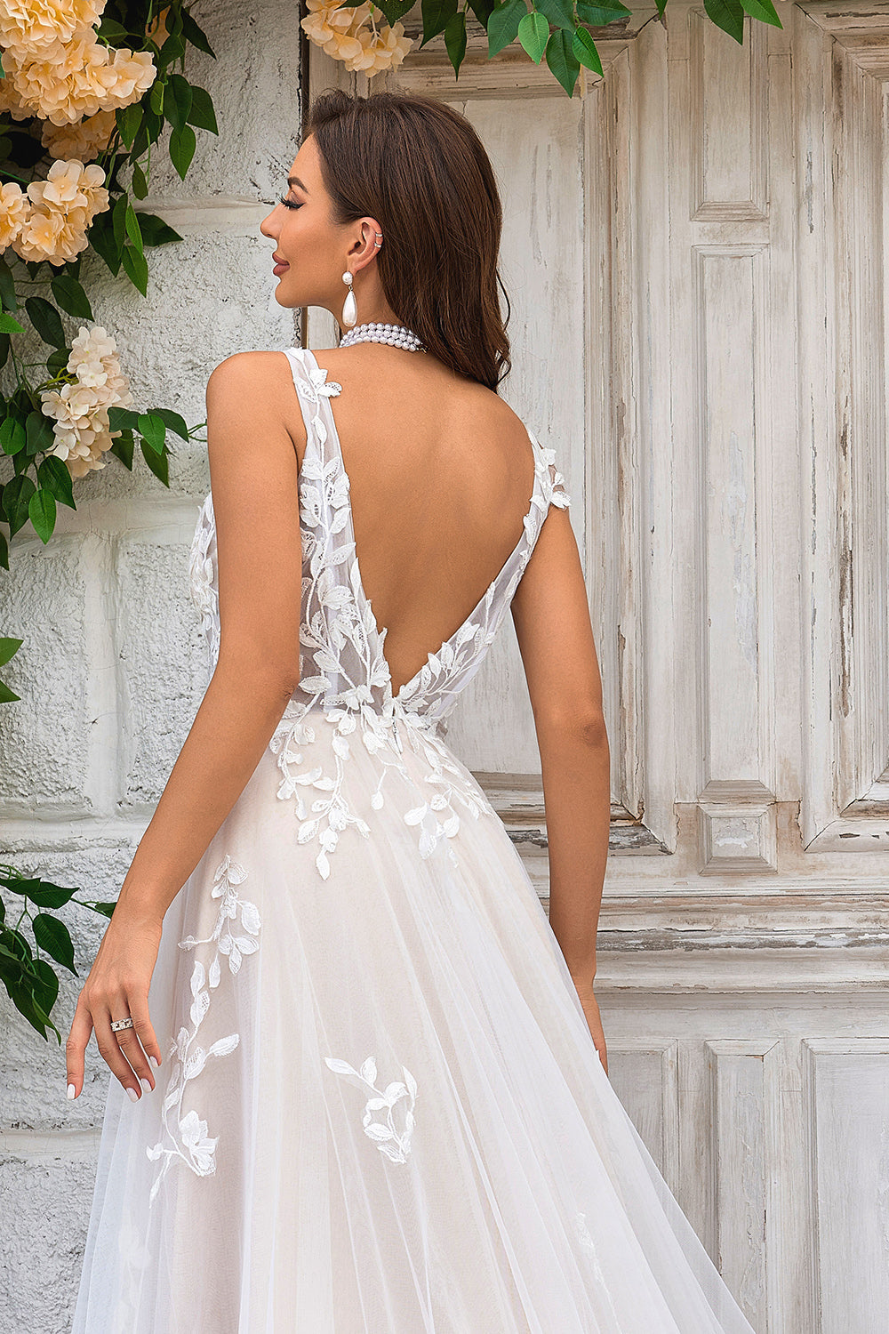 Vestido de Novia A Línea Cuello en V Champán Tul Encaje