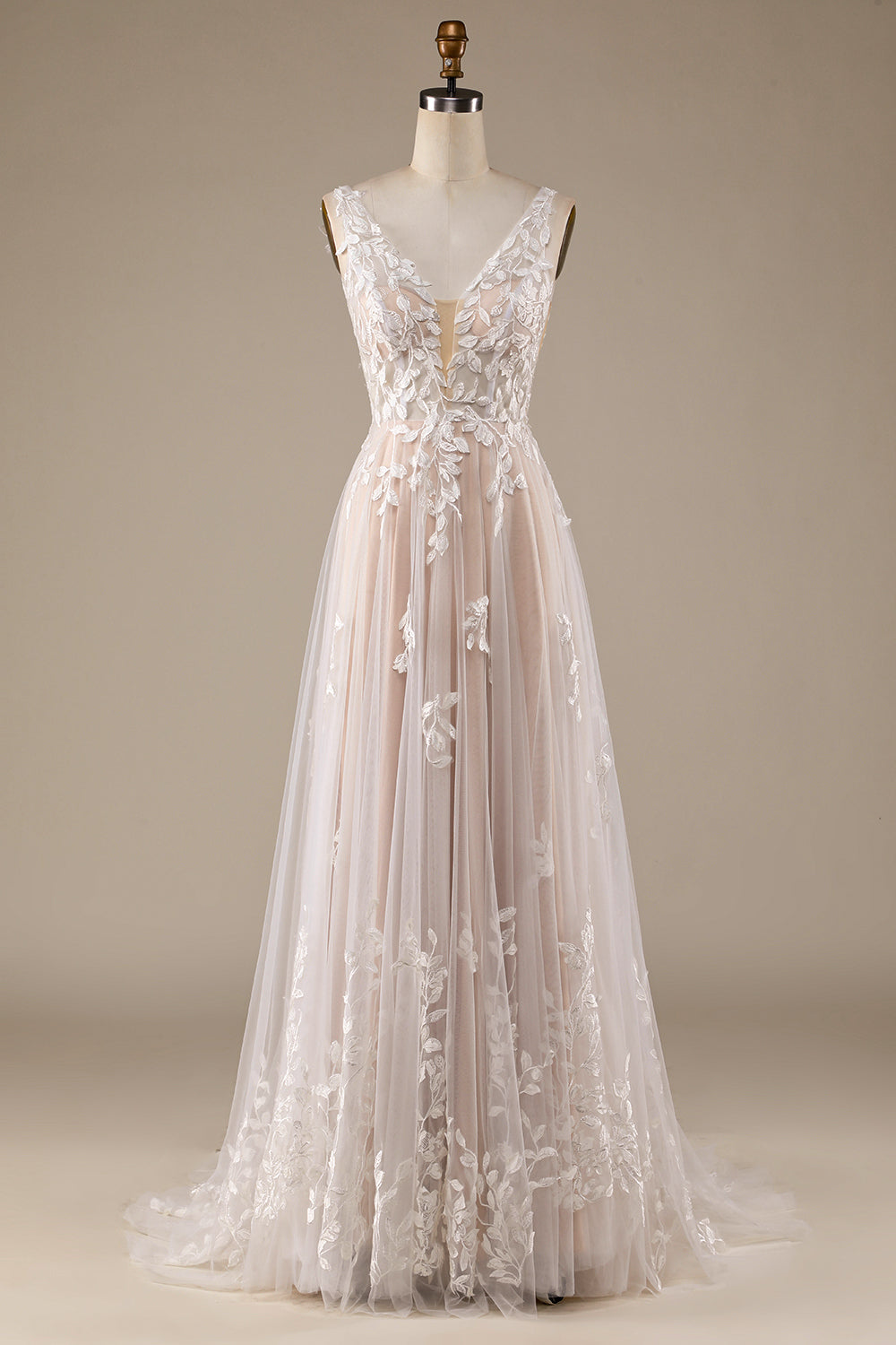 Champagne V-Neck Backless Tul Vestido de novia con encaje