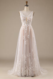 Champagne V-Neck Backless Tul Vestido de novia con encaje
