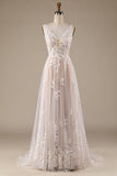 Champagne V-Neck Backless Tul Vestido de novia con encaje