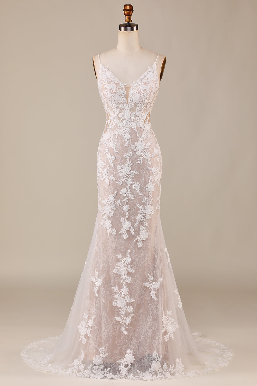 Encantadora sirena Spaghetti Straps Ivory Vestido de novia largo con encaje