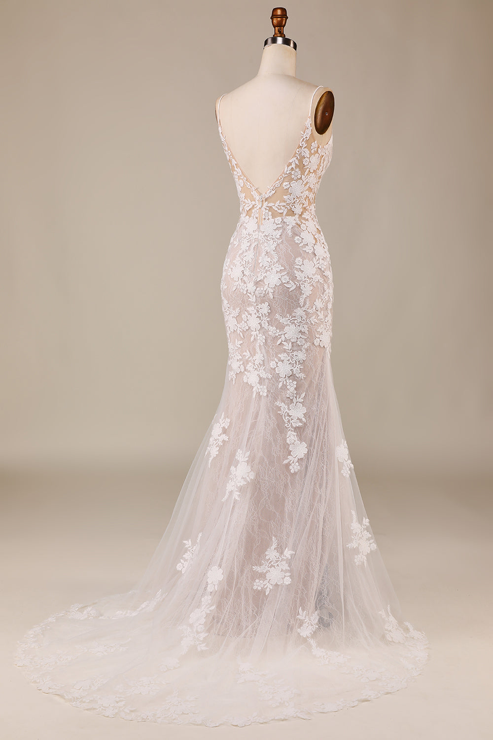 Encantadora sirena Spaghetti Straps Ivory Vestido de novia largo con encaje