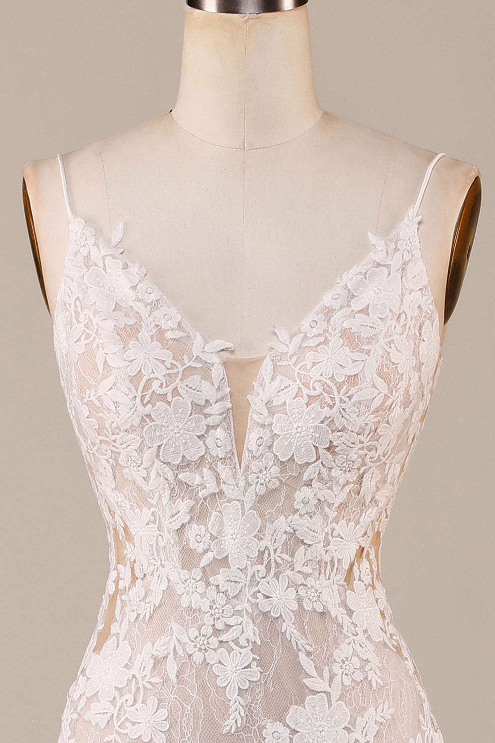 Encantadora sirena Spaghetti Straps Ivory Vestido de novia largo con encaje