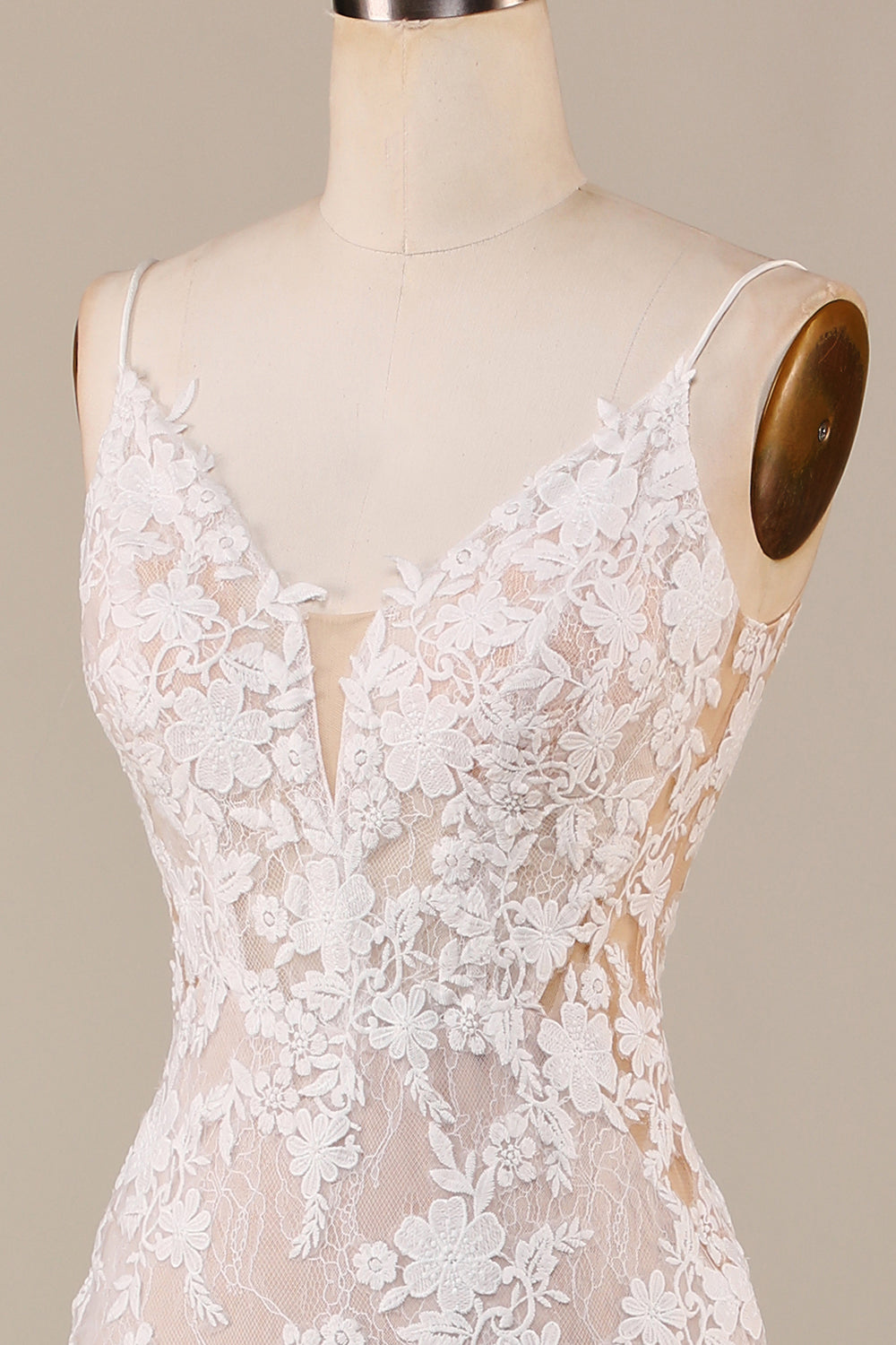 Encantadora sirena Spaghetti Straps Ivory Vestido de novia largo con encaje