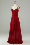 Chiffon Borgoña Tirantes de Espagueti Vestido de Dama de Honor
