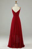 Chiffon Borgoña Tirantes de Espagueti Vestido de Dama de Honor