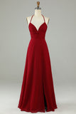 A-Line Halter Borgoña Vestido de Dama de Honor