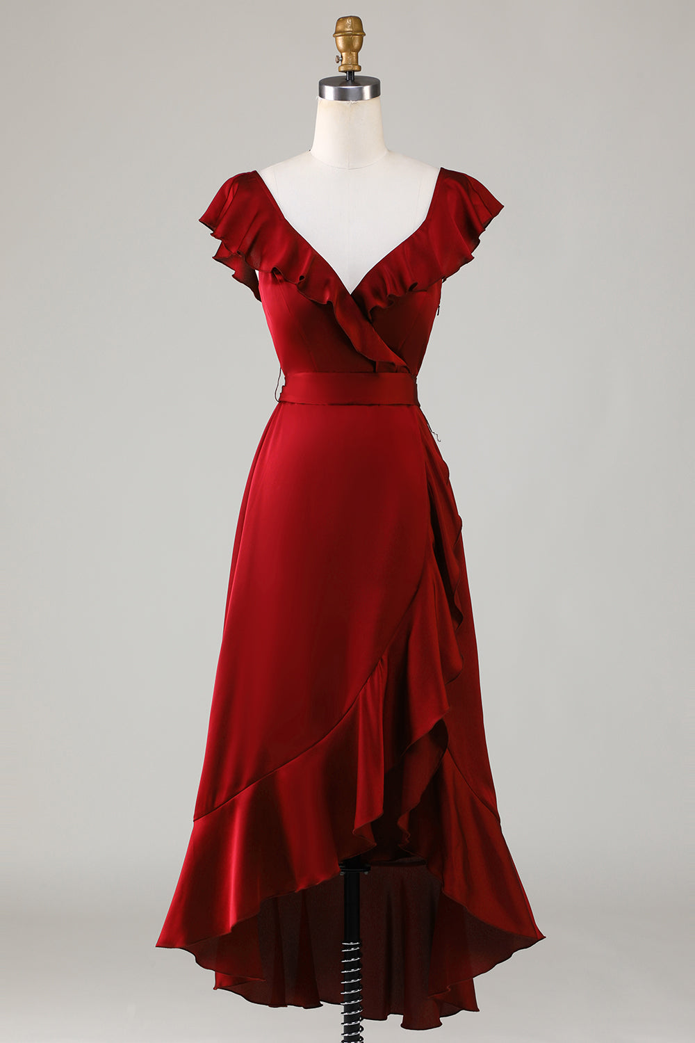 Vestido de Dama de Honor Borgoña Cuello en V Volantes