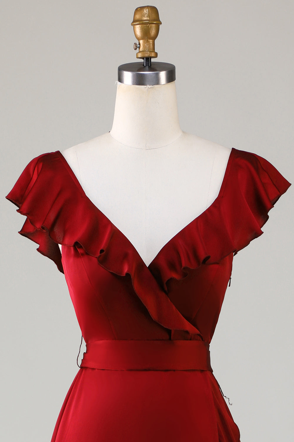 Vestido de Dama de Honor Borgoña Cuello en V Volantes