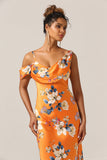 Trendy Mermaid One Shoulder Vestido de dama de honor de flores naranjas estampado