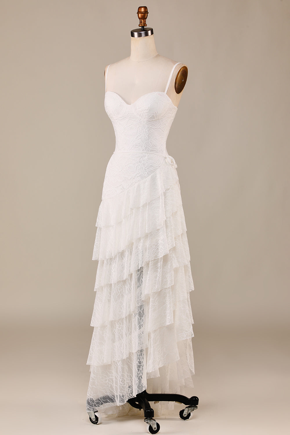 Vaina Correas de espagueti Encaje marfil asimétrico desmontable tren Boho vestido de novia