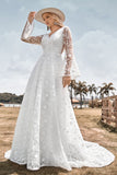 Belleza A Línea V Cuello Marfil Encaje Bengala Mangas Vestido de novia