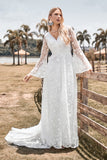 Belleza A Línea V Cuello Marfil Encaje Bengala Mangas Vestido de novia