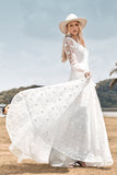 Belleza A Línea V Cuello Marfil Encaje Bengala Mangas Vestido de novia
