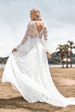 Belleza A Línea V Cuello Marfil Encaje Bengala Mangas Vestido de novia