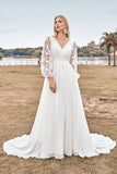 Una línea V cuello marfil gasa barrido tren Boho vestido de novia con encaje