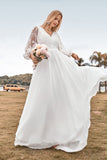 Una línea V cuello marfil gasa barrido tren Boho vestido de novia con encaje