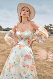 Charming A Line Sweetheart Ivory Floral Sweep Train Bridal Dress con mangas