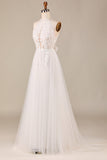 Encantador A Line Halter Neck Ivory Open Back Tulle Sweep Train Vestido de novia con encaje