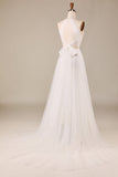 Encantador A Line Halter Neck Ivory Open Back Tulle Sweep Train Vestido de novia con encaje