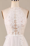 Encantador A Line Halter Neck Ivory Open Back Tulle Sweep Train Vestido de novia con encaje