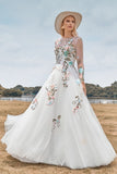 Precioso vestido de novia de marfil largo de manga larga de tul de tul con bordado