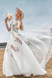 Precioso vestido de novia de marfil largo de manga larga de tul de tul con bordado