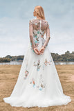 Precioso vestido de novia de marfil largo de manga larga de tul de tul con bordado