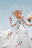Precioso vestido de novia de marfil largo de manga larga de tul de tul con bordado