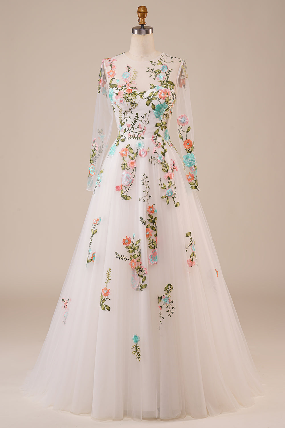 Tul Mangas Largas Vestido de Novia Marfil