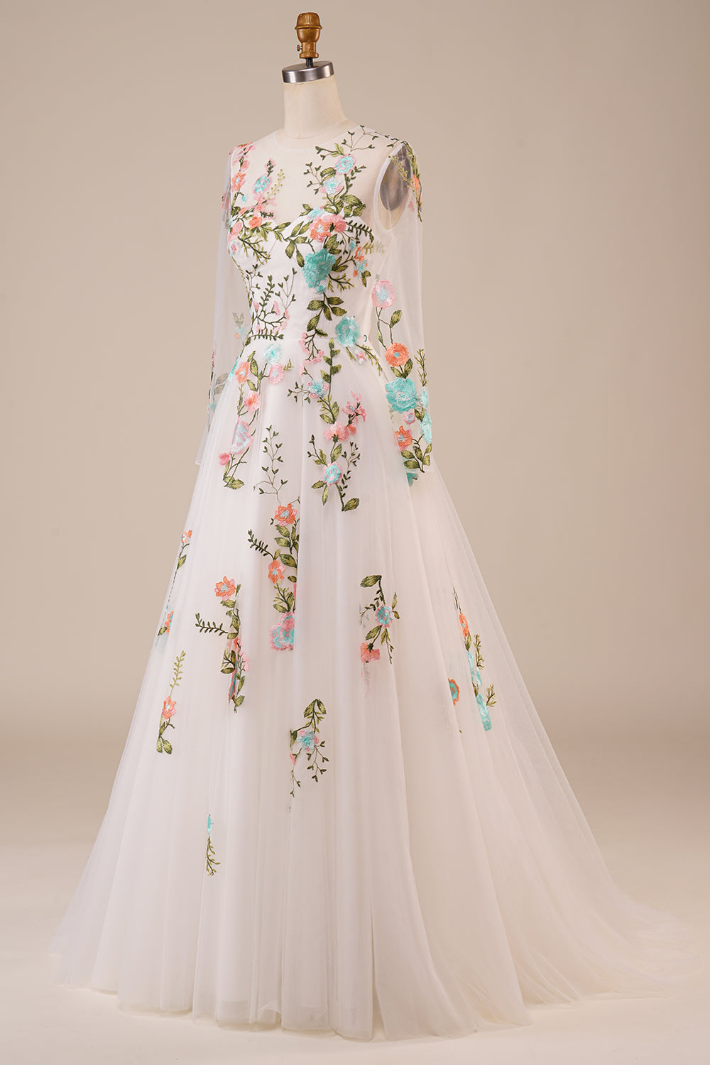 Tul Mangas Largas Vestido de Novia Marfil