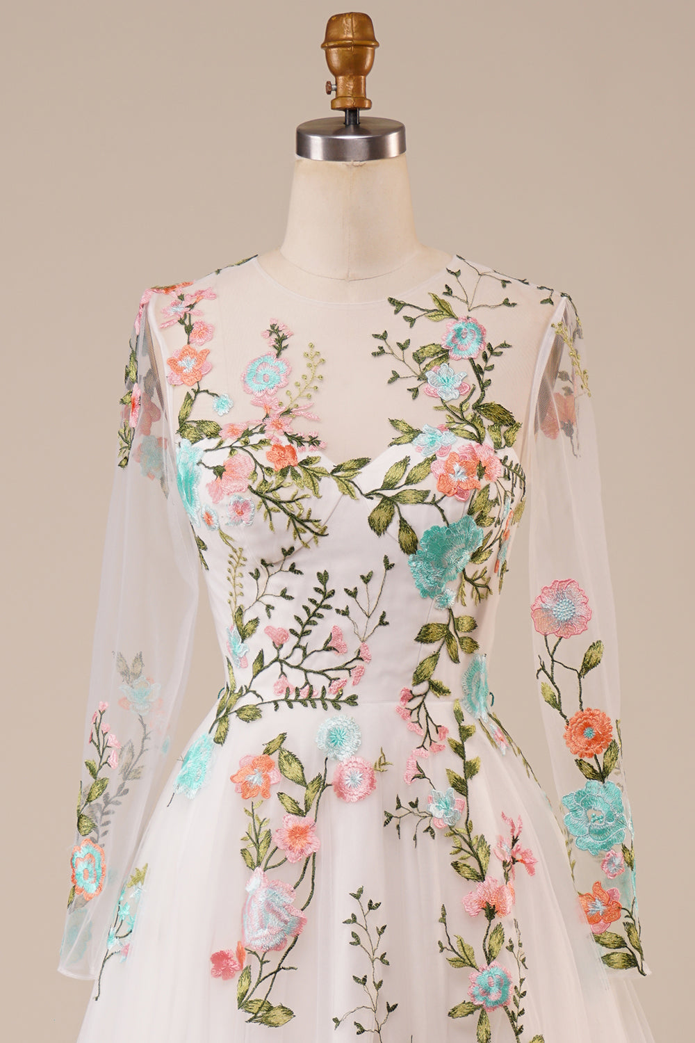 Tul Mangas Largas Vestido de Novia Marfil