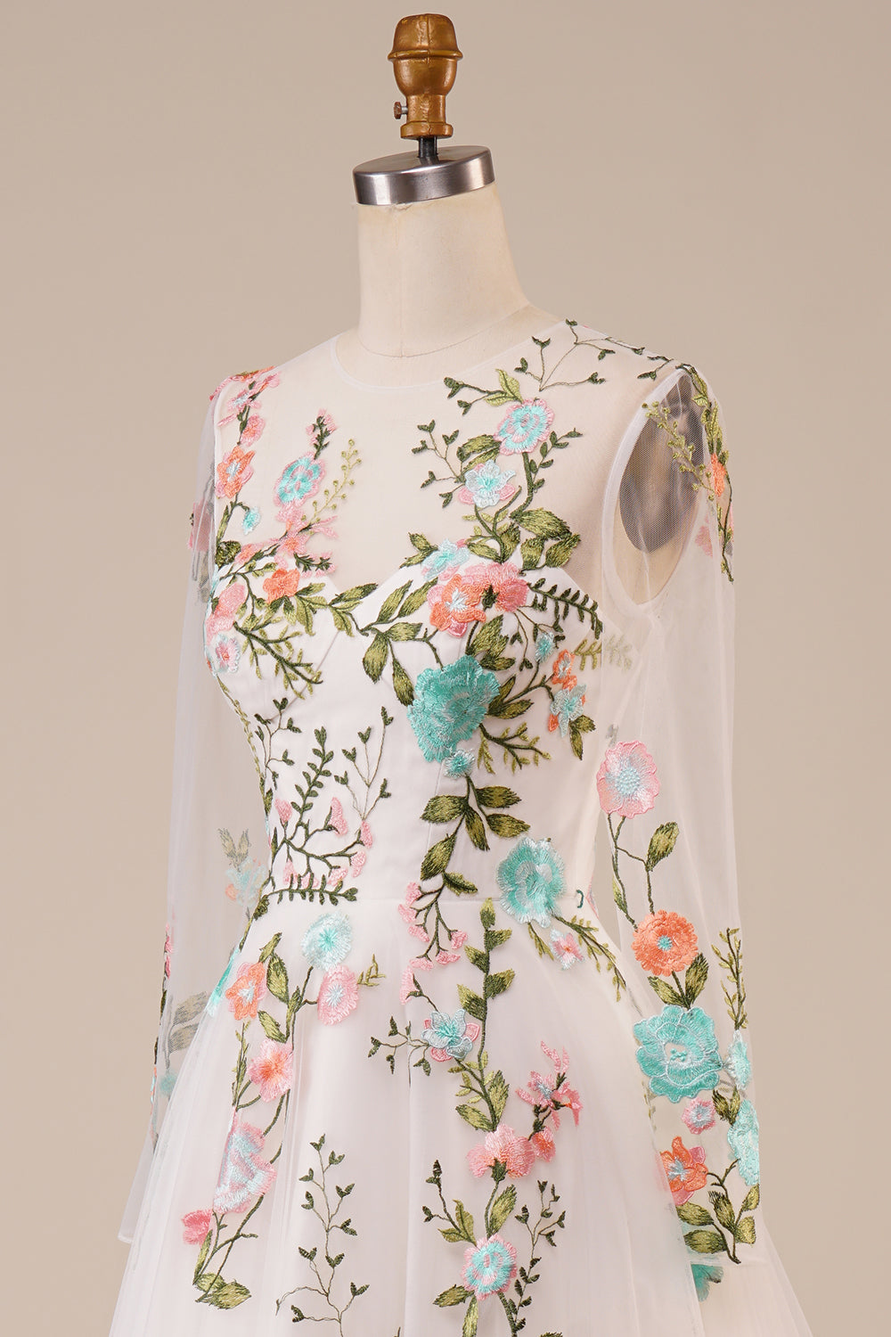 Tul Mangas Largas Vestido de Novia Marfil