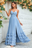 Encantador Vestido de dama de honor largo azul polvoriento con tirantes finos y espalda cruzada