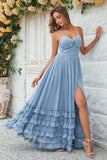 Encantador Vestido de dama de honor largo azul polvoriento con tirantes finos y espalda cruzada