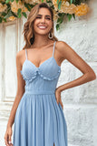 Encantador Vestido de dama de honor largo azul polvoriento con tirantes finos y espalda cruzada