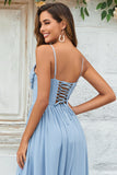 Encantador Vestido de dama de honor largo azul polvoriento con tirantes finos y espalda cruzada