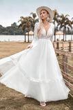 Encaje mangas largas profundo cuello en V Boho vestido de novia con espalda