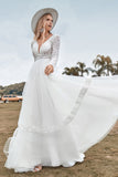 Encaje mangas largas profundo cuello en V Boho vestido de novia con espalda