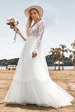 Encaje mangas largas profundo cuello en V Boho vestido de novia con espalda