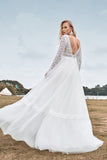 Encaje mangas largas profundo cuello en V Boho vestido de novia con espalda