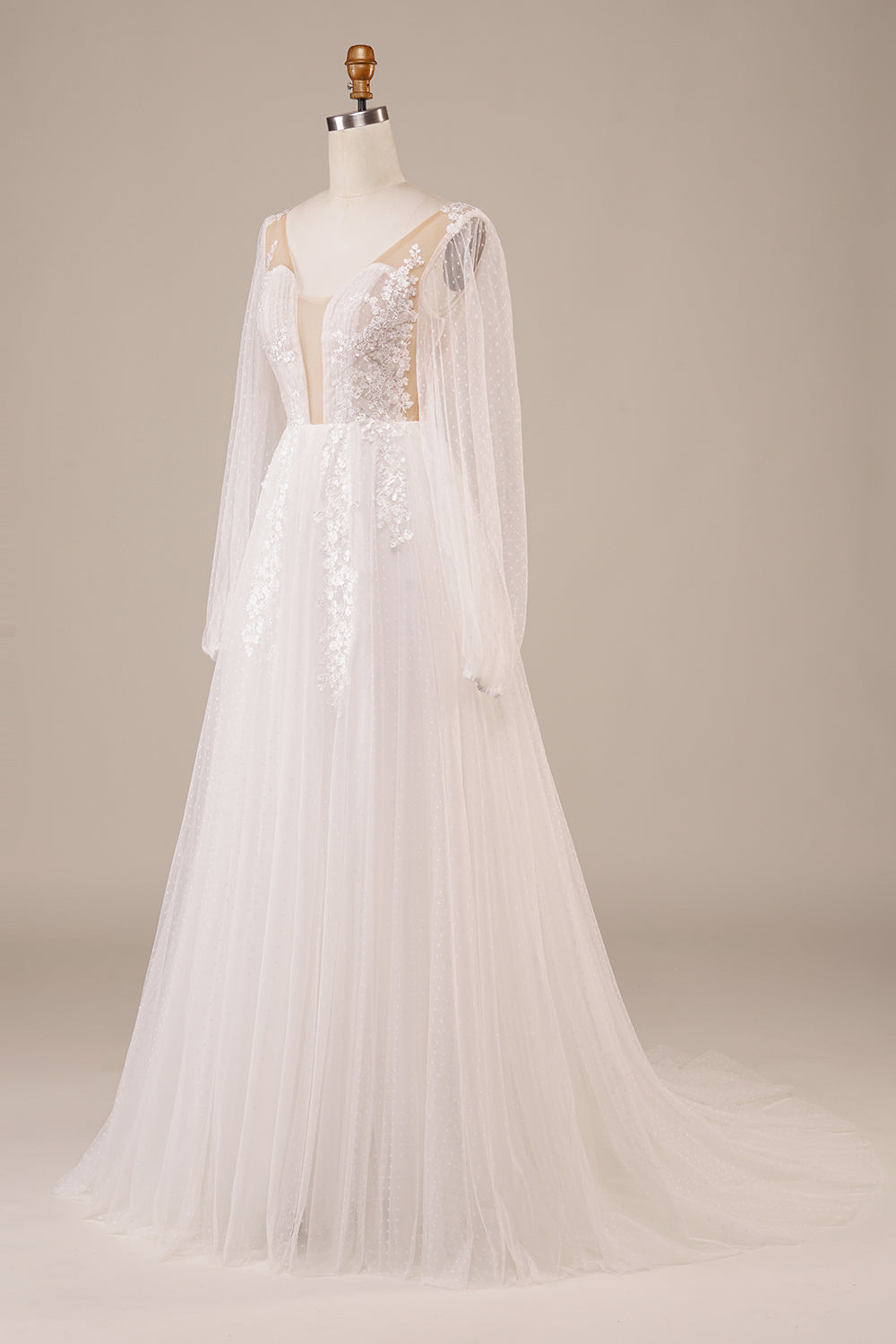 Mangas largas Vestido de novia de marfil de espalda abierta con apliques