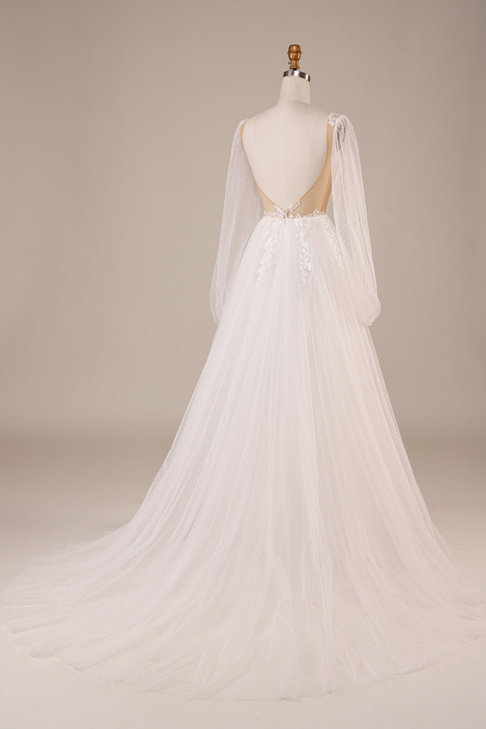 Mangas largas Vestido de novia de marfil de espalda abierta con apliques